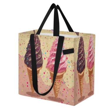 Imagem de SEHANY Sacolas de compras reutilizáveis de sorvete de verão com alças reforçadas, bolsa de compras de lona dobrável à prova d'água de grande capacidade para viagem, cozinha, praia