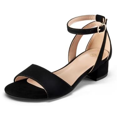 Imagem de K KomForme Sandálias femininas de salto baixo, salto grosso, tira no tornozelo, bico aberto, sandálias de salto floral para festa de casamento para bebês/crianças pequenas/crianças grandes, Nobuck