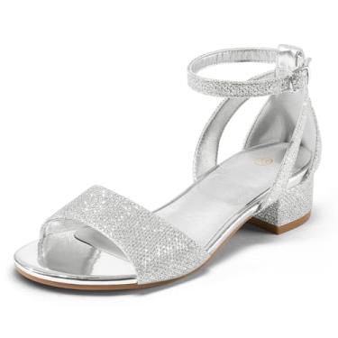 Imagem de K KomForme Sandálias femininas de salto baixo, salto grosso, tira no tornozelo, bico aberto, sandálias de salto floral para festa de casamento para bebês/crianças pequenas/crianças grandes, Glitter