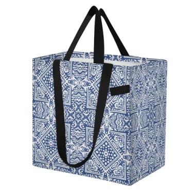Imagem de SEHANY Sacolas de compras reutilizáveis de porcelana azul e branca com alças reforçadas, bolsa de compras de lona dobrável à prova d'água de grande capacidade para viagem, cozinha, praia