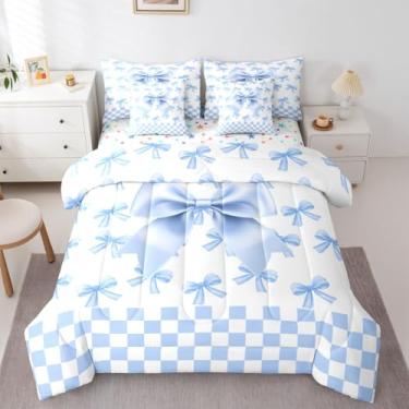 Imagem de Feelyou Conjunto de cama de 7 peças com laço de seda azul e edredom xadrez azul com lençol para crianças, meninos, meninas, fofo, cama de laço, doce e romântico, macio e leve
