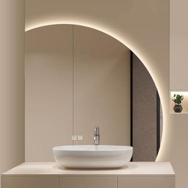 Imagem de Espelho LED para banheiro com luzes, espelho suspenso grande de 71 cm, espelho retroiluminado de meia lua, espelho montado na parede com toque antiembaçamento, luzes reguláveis em 3 cores e memória de