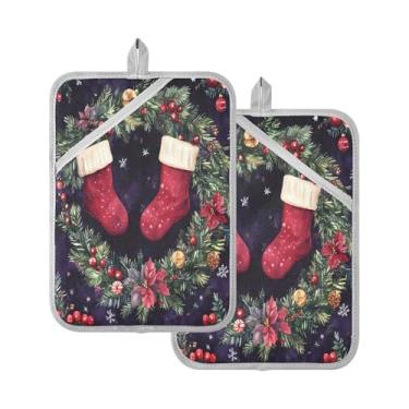 Imagem de STAYTOP Pacote com 2 belos pegadores de panela de guirlanda de Natal, almofadas quentes de forno resistentes ao calor com bolsos, conjuntos de suportes de panela antiderrapantes para cozinha, assar e