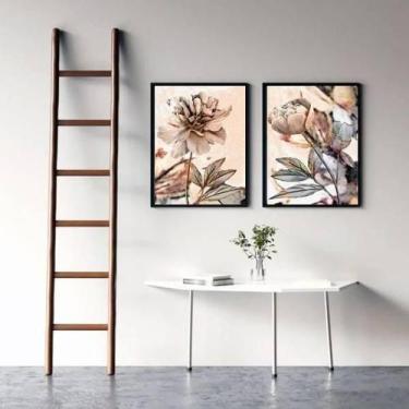 Imagem de Kit 2 Quadros Florais Modernos 45X34Cm Vidro Moldura Preta - Quadros O