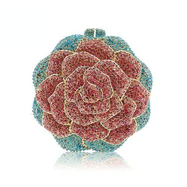 Imagem de Boutique De FGG Bolsa de mão feminina de cristal de flor rosa para noite formal para festa com strass, bolsa de casamento, Rosa e azul, Mini