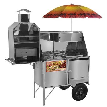 Imagem de Carrinho 3 em 1 Cefaz Hot Dog, Lanche Churrasco Luxo Inox Rodas Pneumáticas e Guarda Sol LC12P/GS