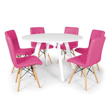Imagem de Conjunto Mesa de Jantar Redonda Amanda Branca 120cm com 6 Cadeiras Eiffel Gomos - Rosa