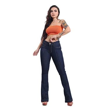 Imagem de Calça Flare Feminina Jeans Com Licra Cintura Alta Com Efeito Levanta Bumbum Azul Escuro Amaciada (42, Azul Escuro Amaciado)