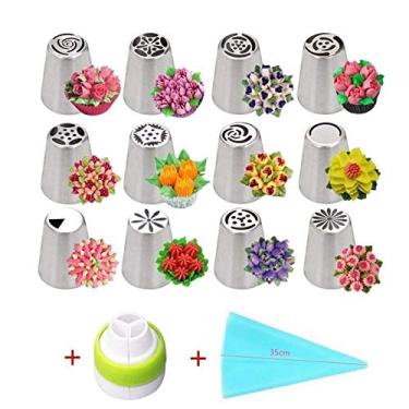Imagem de Conjunto de 14 peças de pontas russas para decoração de bolos, kit de ferramentas para decoração de bolos, bicos para cobertura de flores, bicos para glacê, cupcakes com sacos de confeitaria, acopladores, pontas russas