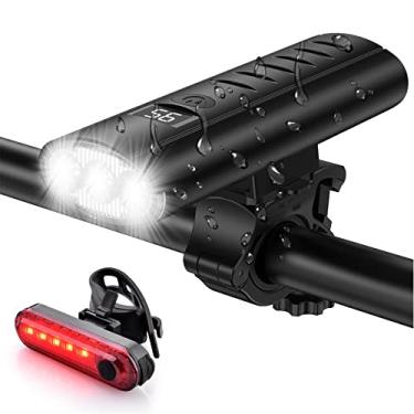 Imagem de Conjunto de luzes de bicicleta recarregável por USB – farol de bicicleta de 5400 mAh e lanterna traseira com tela digital, 3 LEDs super brilhantes 1600 lúmens 6 modos de luzes para todas as bicicletas, estrada, montanha, passeios noturnos