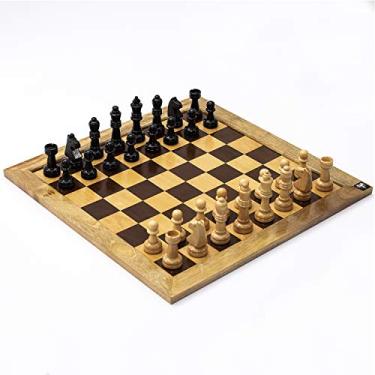 Imagem de Jogo de Xadrez Tabuleiro Marchetado Madeira Maciça Casas 5x5 cm e Peças Rei 10 cm