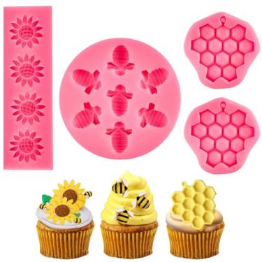 Imagem de Ocmoiy 4 peças de moldes de silicone para bolo com tema de flor e abelha - molde de abelha de girassol e colmeia para decoração de bolos, topos de cupcake, chocolate, doces, fondant de argila de polímero