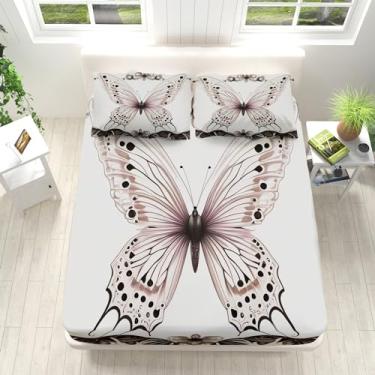 Imagem de Jogo de cama Queen branco com desenho animado animal borboleta microfibra 40,6 cm com bolsos profundos, lençol de cima com 2 fronhas para meninas, meninos e crianças