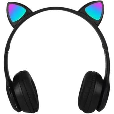 Imagem de Fone Orelhas GATO Sem Fio COM LUZ LED Bluetooth PRETO ORELHINHA GATINHO tamanho ajustável com almofadas confortável jogos lives musicas headphone wireless menino e menina