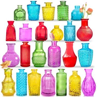 Imagem de KOIUEYW Conjunto de 24 vasos de vidro colorido, pequenos vasos vintage para flores, mini vasos de cristal em massa, vasos de flores pequenos para centros de mesa, decorações de casamento, decoração de