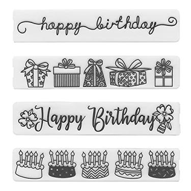 Imagem de LANGFON 4 estampas de pastas de plástico em relevo para fazer cartões, presente de feliz aniversário, bolo de aniversário, faça você mesmo, álbum de fotos, papel de cartão, faça você mesmo, molde de