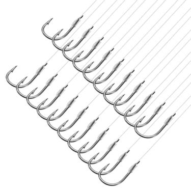 Imagem de PATIKIL 4# Ganchos de pesca pequenos com linha de 45 cm, 20 peças de anzol duplo de 0,37 x 0,19 polegadas com farpas anzol de pesca em linha de nylon para água doce, tom prateado