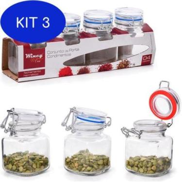 Imagem de 1 de 1 Kit 3 Porta Condimento De Vidro Com Tampa Hermetica 4Pçs - Winc