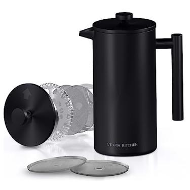 Imagem de Utopia Kitchen Cafeteira prensa francesa de aço inoxidável 304 g, prensa de café com isolamento de parede dupla com sistema de filtragem de 4 níveis, inclui 2 filtros extras, sem ferrugem, pode ser