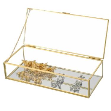 Imagem de AMGSH Caixa de lembrança de vidro vintage dourada de 23 cm, parte inferior espelhada | Caixa de vidro com tampa de joias decorativas para exibição, caixa retangular transparente, anel organizador de