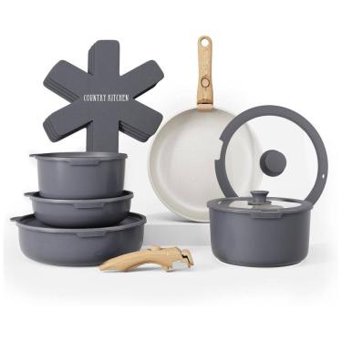 Imagem de Jogo de Panelas e Frigideiras, Material em Alumínio com 16 Peças e Cabo Removível, Country Kitchen, Cinza