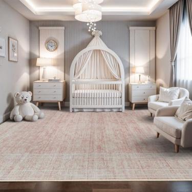 Imagem de Tapete de área oriental lavável - 25,5 x 35,5 cm para sala de estar, tapete macio para quarto, impermeável, floral, envelhecido, resistente a manchas, não derrama, tapetes de chão (rosa, 10 x 14)