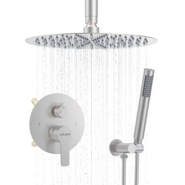 Imagem de KOJOX Sistema de Chuveiro- Conjunto de Torneira de Chuveiro de Montagem No Teto com Chuveiro de Chuva de 12" e Pulverizador de Mão, Conjunto Completo de Chuveiro com Válvula, Acaba (12 Polegadas Redon