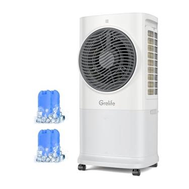Imagem de Grelife Ar condicionado portátil 3 em 1, refrigerador de ar evaporativo de 400 metros quadrados com tanque de 1,72 litros e 4 pacotes de gelo, oscilação de 360°, velocidade do vento de 9 m/s
