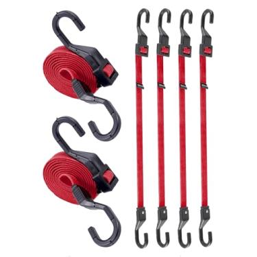 Imagem de 6 peças de cordas elásticas ajustáveis planas de 121 cm com ganchos, 3 vezes mais rápido para ajustar o comprimento, correias elásticas vermelhas resistentes para carga, bicicleta, carrinho, barraca