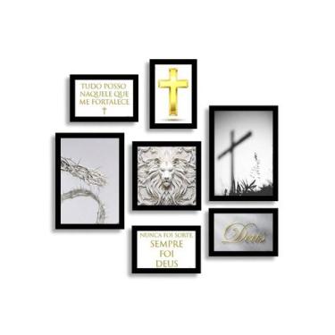 Imagem de Kit 7 Quadros Decorativos Placas Biblico Leao Cruz Luxo - NoBrand, Pre