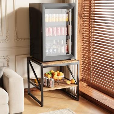 Imagem de Mexin Mesa de canto quadrada de 50 cm, mini suporte de geladeira com prateleira de armazenamento de 2 camadas, mesa lateral de alta capacidade de carga para sala de estar, quarto, marrom rústico