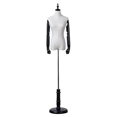Imagem de CUTPOIY Manequim feminino preto, forma de vestido de manequim de costura de tronco com suporte de base de madeira, para exibição de janela de balcão, removível ajustável (tamanho: com braços + cabeça