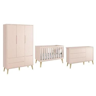 Imagem de Dormitório Theo 3 Portas Rosa com Pés Madeira Natural - Reller Móveis,