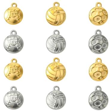 Imagem de LiQunSweet 12 peças, 6 estilos, bolas esportivas de aço inoxidável 304, pingentes de vôlei, futebol, beisebol, para joias DIY, colar, pulseira, brinco, bolsa, chaveiro, telefone, decoração a granel