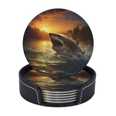 Imagem de Porta-copos com suporte ao anoitecer Porta-copos de peixe 6 peças porta-copos redondos para bebidas, canecas, tapete para copos, porta-copos de couro para mesa de café, cozinha, sala de jantar, bar