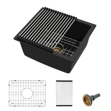 Imagem de Fulorni Pia de preparação de barra de montagem inferior de 45,7 x 40,6 cm – Bacia de pia única de quartzo composto de granito preto fosco clássico sob balcão para bar molhado, trailer, cozinha pequena