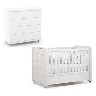 Imagem de Berço Americano Com Capitonê New Boucle E Cômoda Gaveteiro Infantil Tutto New Branco Acetinado - Matic