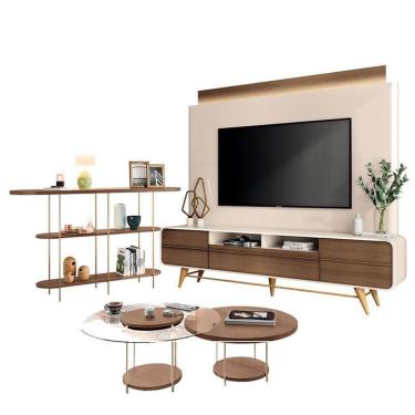 Imagem de Estante Home Theater Nobre Off White Castanho E Aparador Infinity E Kit Mesa De Centro Sky Castanho – Hb Móveis