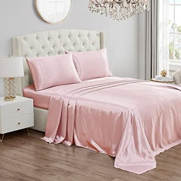 Imagem de Juicy Couture Jogo de lençol de cetim | Lençóis de cama macios e sedosos | Queen Size | Conjunto de 4 peças inclui lençol com elástico, lençol de cima e 2 fronhas | Resistente a rugas e antibolinhas |