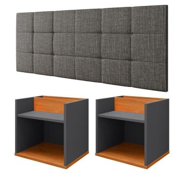 Imagem de Kit 2 Mesinhas Suspensa Madri Nicho Divisória Retrô Cabeceira Bia 1,40 Estofado Linho Cama Box Casal Quarto - Cinza/Cinamomo