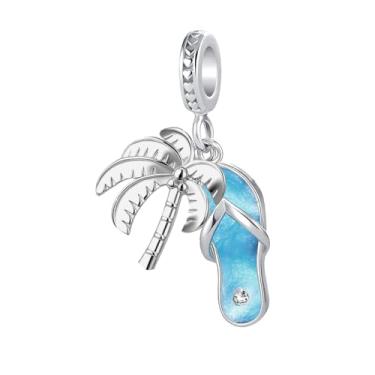 Imagem de LuxglitterLin Chinelo de praia e palmeira com pingente de contas de férias de verão compatível com pulseira Pandora Bule