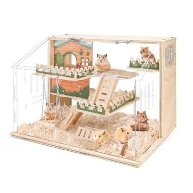 Imagem de Gaiola de hamster de madeira grande, gaiola de acrílico de 3 camadas de 40,6 cm, gaiolas para animais pequenos com plataforma e cercadinho para observação direta, suprimentos para animais de estimação