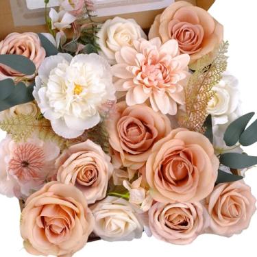 Imagem de Arranjo de flores artificiais, rosas roxas e brancas mistas, dálias e cravos, conjunto floral decorativo de seda (marrom nude)