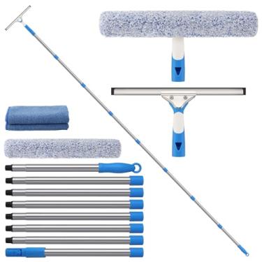 Imagem de Mitclear Kit de limpeza de janela de 15 metros de altura com mastros de extensão, ferramenta de limpeza de janela com rodo de silicone de 35 cm, esfregão e pano de microfibra, equipamento de lavagem