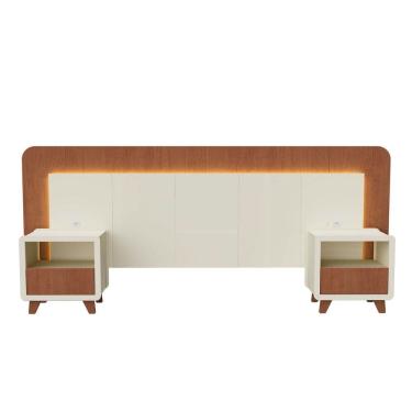 Imagem de Cabeceira Casal Queen com 2 Mesas de Cabeceira Led 3000k e Tomadas 100% Mdf Mabel Off White / Castanho