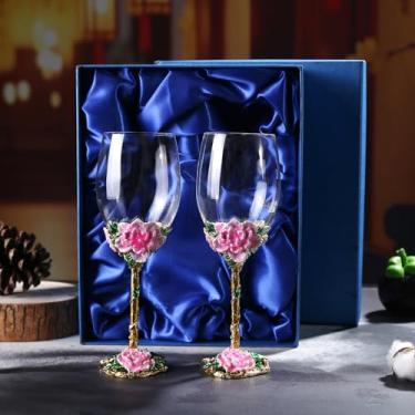 Imagem de Simcat Taças de vinho esmaltadas pintadas à mão em vidro transparente refinado, haste para cabernet, presentes (caixa de presente dupla rosa, flor grande)