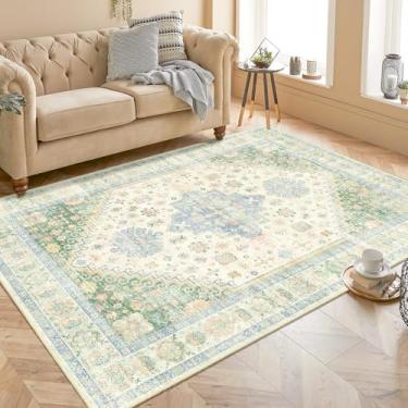 Imagem de MUJOO Tapete lavável 10 x 16,5, tapetes boho para quarto, sala de estar, escritório, sala de jogos, pequeno, antiderrapante, interior, tapete de pelo baixo, verde claro e azul