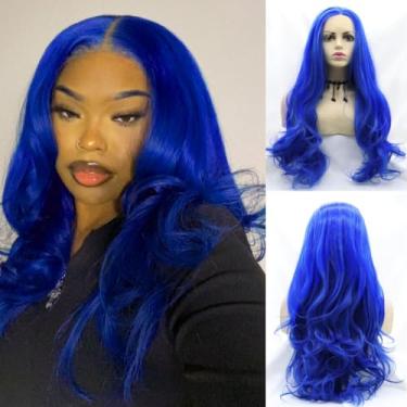Imagem de Peruca de renda azul frontal ondulada azul escuro peruca de renda sintética com cabelo de bebê, peruca de divisão no meio da peruca de fibra resistente ao calor para mulheres, 61 cm