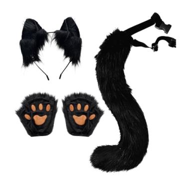 Imagem de simhoa Conjunto de orelhas e rabo de gato e, faixa de cabeça para baile de máscaras fantasias, Preto