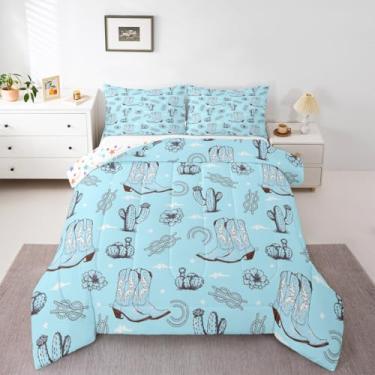 Imagem de Erosebridal Conjunto de cama solteiro azul faroeste, caubói, caubói, para crianças, adolescentes, adultos, sudoeste, tribal, rústico, fazenda, cacto, edredom para decoração de quarto